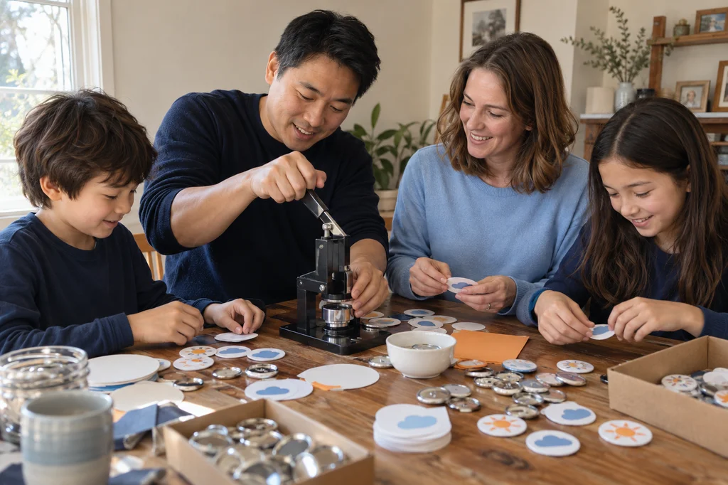 A family around a kitchen table making buttons together