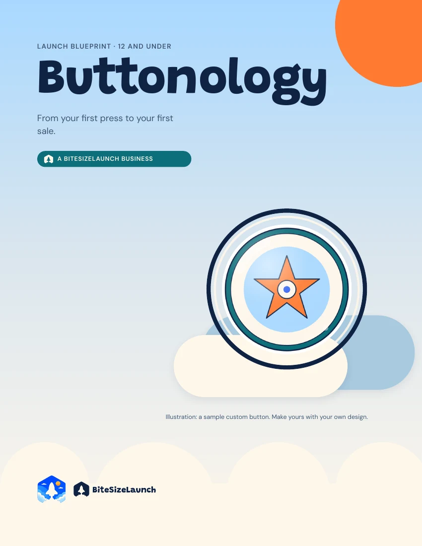 Illustrated Buttonology blueprint cover with a sample button.